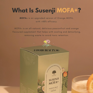 Susenji Mofa+ is a natural, orange-flavored detox beverage. It combines natural fruit fiber and probiotics together with orange powder, psyllium husk. It absorbs excess fluid of edema, strengthens immunity, inhibits fat absorption, increase satiety to help shed extra pounds, improve metabolism. Susenji MOFA+ is the enhanced version of our bestselling detox drink! ... The improved formula includes new ingredients - Passionfruit and Cooltox NPE