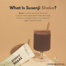 Load image into Gallery viewer, Susenji shake is a dark chocolate flavoured meal replacement shake that helps to nourish our stomach lining. Vegan friendly formula. Susenji Shake - Balanced nutrition, low calories (only 140kcal per serving!) Main Ingredients: Pea protein high in protein &amp; dietary fibre, contains 9 essential amino acids. Susenji Shake (16 sachets x 35g, 140kcal each). Vegan-friendly, No sweetener, No trans fats, made with pure cocoa. Each sachet contains 13g of vegan protein
