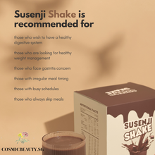 Load image into Gallery viewer, Susenji shake is a dark chocolate flavoured meal replacement shake that helps to nourish our stomach lining. Susenji Shake - Balanced nutrition, low calories (only 140kcal per serving!) high in protein &amp; dietary fibre. Susenji Shake (16 sachets x 35g, 140kcal each). Vegan-friendly, No sweetener, No trans fats, made with pure cocoa. Each sachet contains 13g of vegan protein. Those with irregular meals and schedules, looking for healthy weight management, Susenji Shake is recommended.
