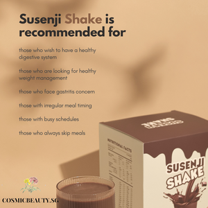Susenji shake is a dark chocolate flavoured meal replacement shake that helps to nourish our stomach lining. Susenji Shake - Balanced nutrition, low calories (only 140kcal per serving!) high in protein & dietary fibre. Susenji Shake (16 sachets x 35g, 140kcal each). Vegan-friendly, No sweetener, No trans fats, made with pure cocoa. Each sachet contains 13g of vegan protein. Those with irregular meals and schedules, looking for healthy weight management, Susenji Shake is recommended.
