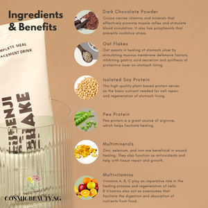 Ingredients of Susenji shake: Dark chocolate powder, oat flakes, isolated soy protein, pea protein, multiminerals, multivitamins like vitamin A, vitamin B, Vitamin C! Susenji shake is high in protein, vegan friendly and low in calories! 