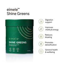 Load image into Gallery viewer, Shine Greens is your daily greens formula created with specific ingredients that support your body&#39;s natural detoxification process, boost your immunity and gut health, support the gut microbiome and promote optimal function of key organs. 

Shine Greens has a speciality blend of nutrient dense, plant-based wholefood ingredients, fibre, pre- and probiotics that are known to benefit the liver, kidneys and intestine. With 70% of your immune system located in the gut, looking after your gut health is key to li
