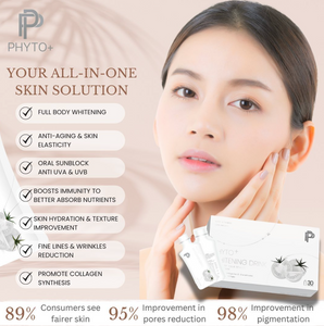 Phytoplus is a whitening drink supplement that includes the following ingredients:

PhytoflORAL®: A patented plant-derived ingredient that helps inhibit melanin production and promotes skin whitening.
Glutathione: A powerful antioxidant that reduces pigmentation and improves uneven skin tone.
L-cystine: Aids in enhancing skin brightness and supports the body’s antioxidant system.
Rosa roxburghii: Rich in vitamin C, it has significant antioxidant properties and helps brighten the skin.
Benefits of Phytoplus: