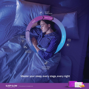 Eimele's Sleep Glow is an advanced sleep support formula using phytonutrients to address all four sleep stages, with melatonin, saffron, and valerian root extracts.