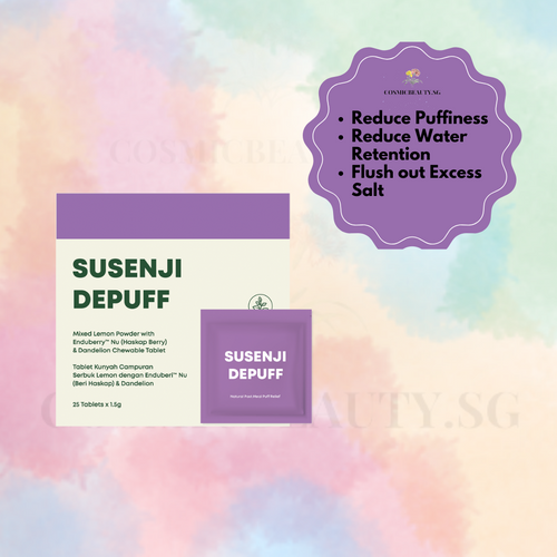 Susenji Depuff Helps reduce water retention and puffiness from our body, Helps with removing excess sodium (Especially if you often consume salty food, Mala etc!) Say goodbye to uncomfortable bloating and water retention with our revolutionary chewable tablets. Experience the delight of a puffy-free face, hands, and feet